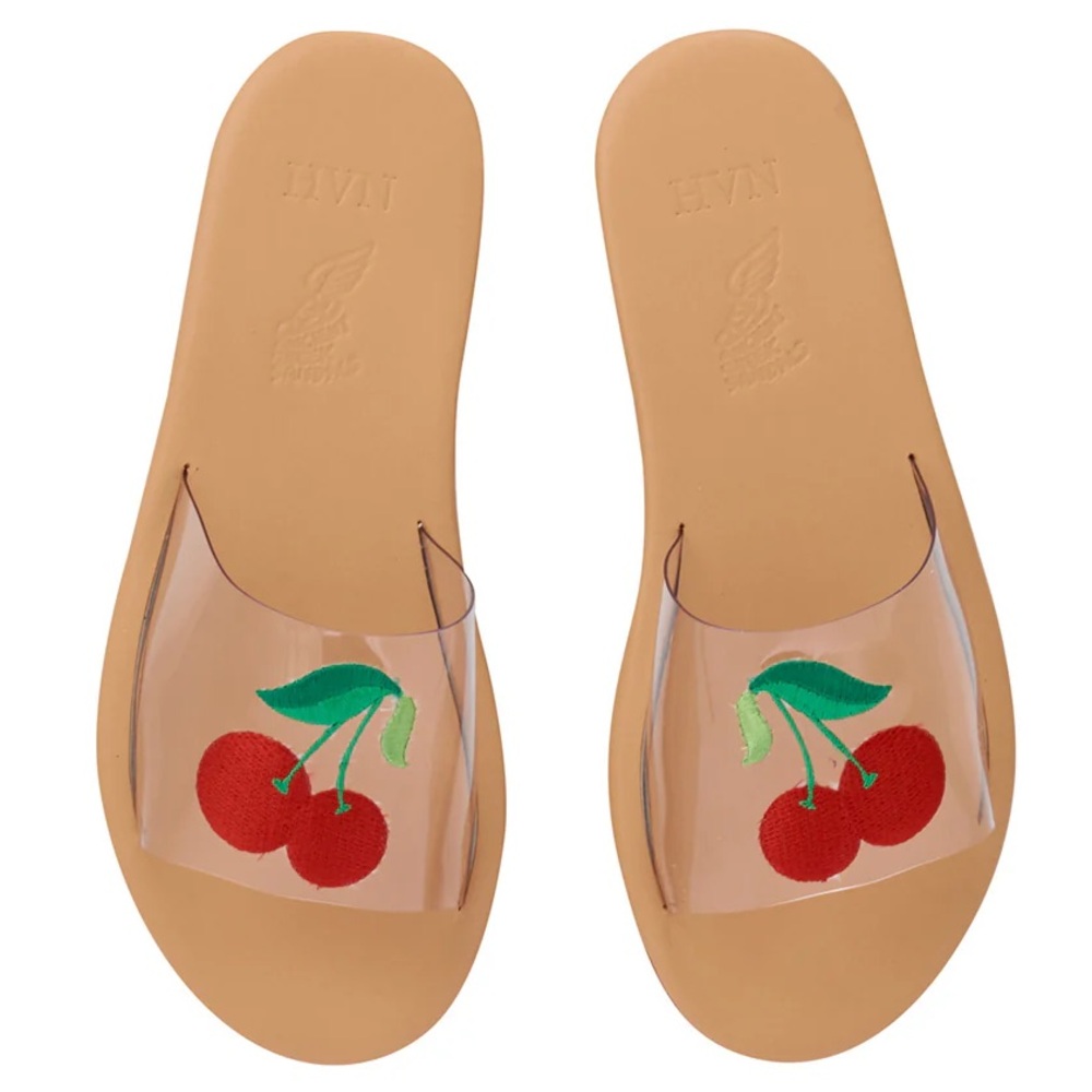 Ancient Greek Sandals Tan Cherry Embroidered Clear Slide Sandals